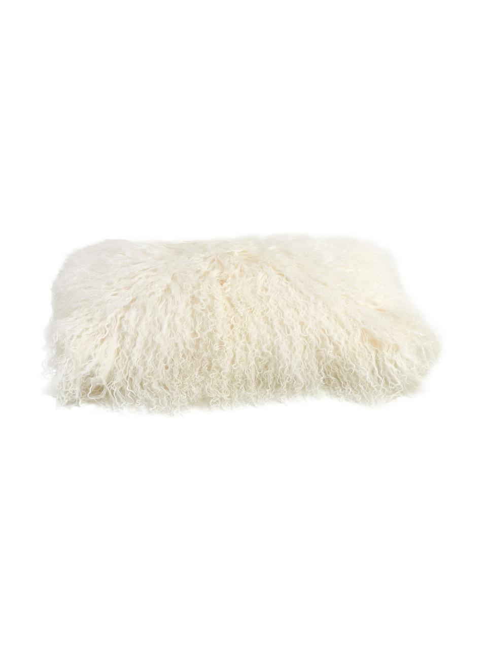 Housse de coussin rectangulaire peau d'agneau à longs poils frisés Ella, Blanc naturel, larg. 30 x long. 50 cm