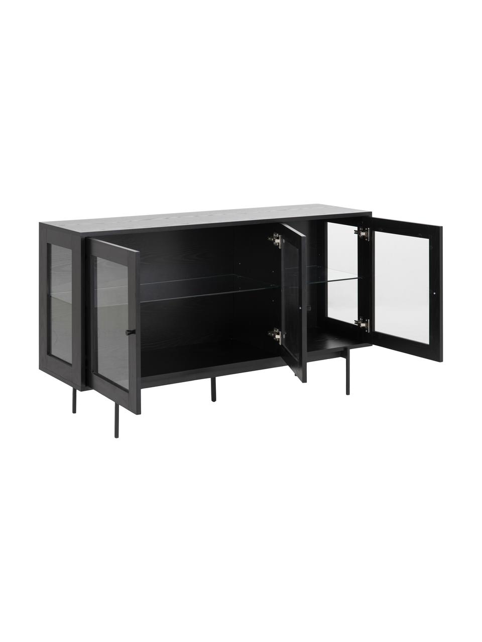 Schwarzes Sideboard Angus mit Glastüren, Korpus: Mitteldichte Holzfaserpla, Einlegeböden: Glas, Schwarz, Transparent, B 140 x H 82 cm