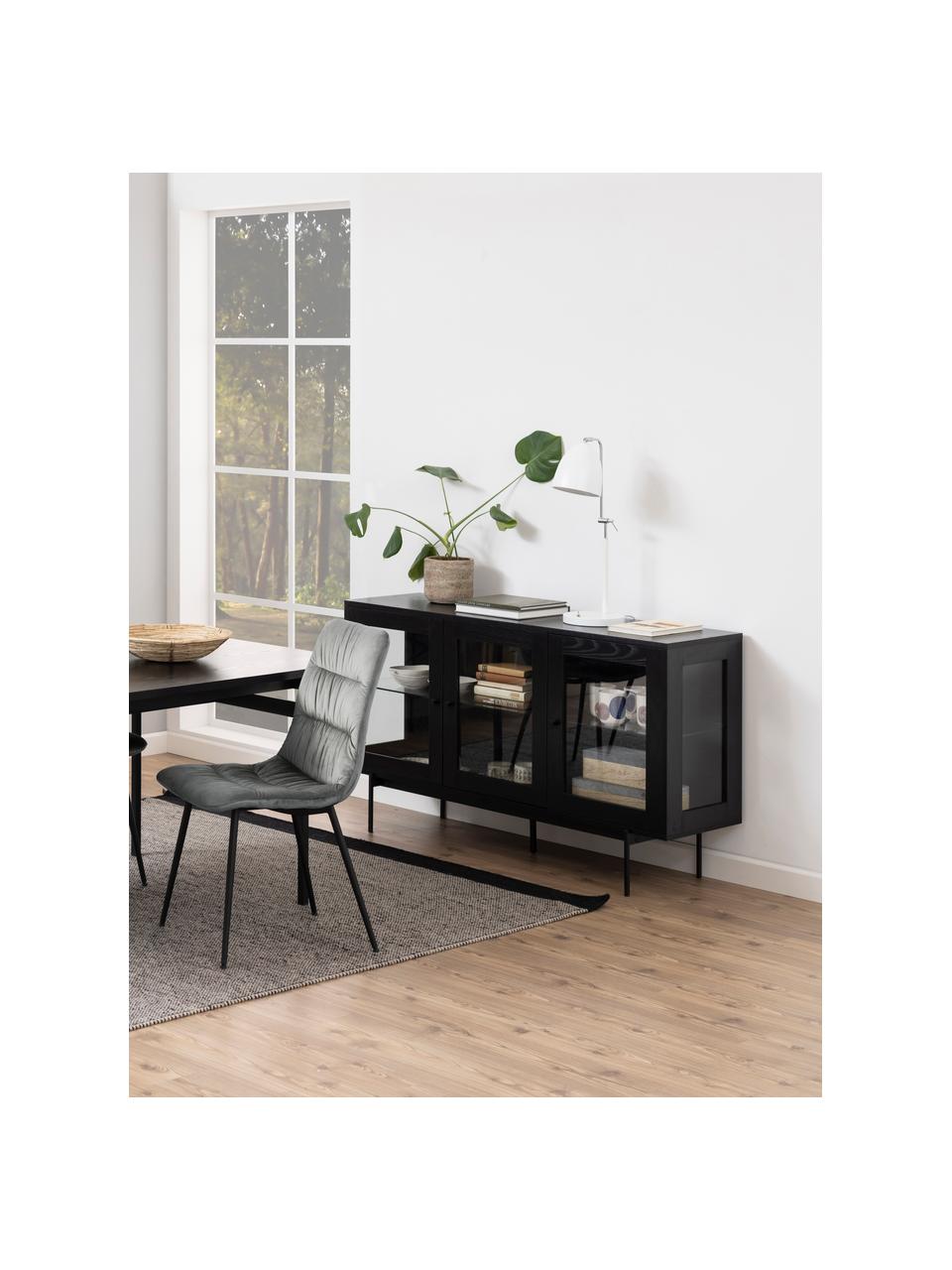 Credenza nera con ante in vetro Angus, Struttura: pannello di fibra a media, Ripiani: vetro, Piedini: metallo rivestito, Nero, trasparente, Larg. 140 x Alt. 82 cm