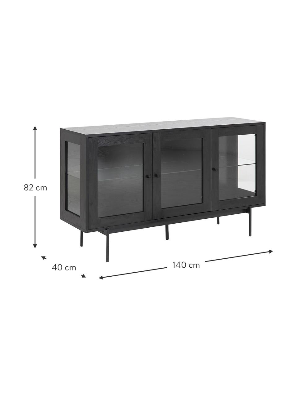 Credenza nera con ante in vetro Angus, Struttura: pannello di fibra a media, Ripiani: vetro, Piedini: metallo rivestito, Nero, trasparente, Larg. 140 x Alt. 82 cm