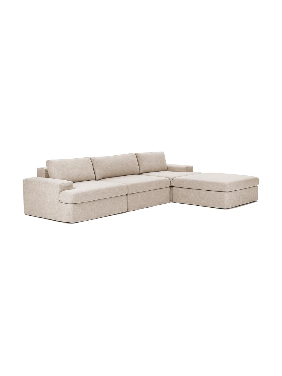 Sofá modular con reposapiés Russell (4 plazas), desenfundable, Funda: 100% algodón Alta resiste, Tapizado: relleno de espuma, Estructura: madera contrachapada de p, Patas: plástico, Tejido beige, An 309 x F 206 cm