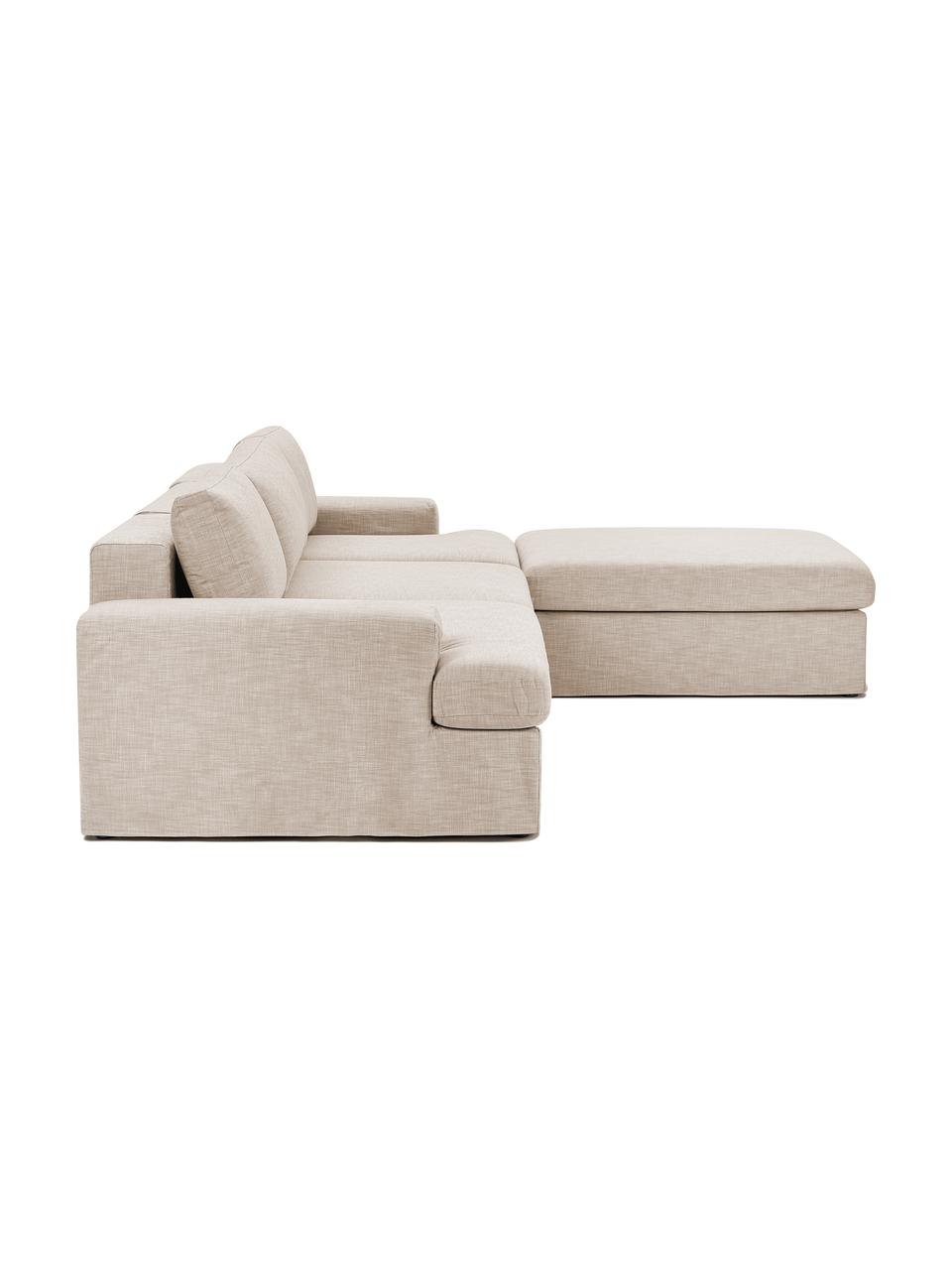 Divano angolare componibile 4 posti con rivestimento sfoderabile Russell, Rivestimento: 100% cotone Con 50.000 ci, Struttura: legno di pino massiccio c, Gambe: plastica, Tessuto beige, Larg. 309 x Prof. 206 cm