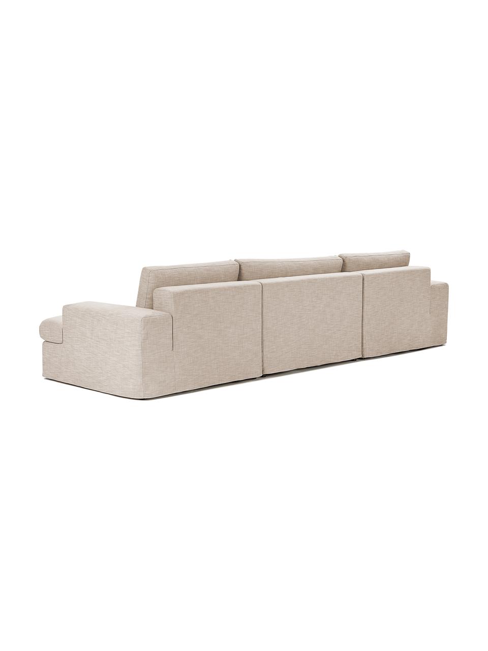 Sofa modułowa z pufem Russell (4-osobowa), Tapicerka: 100% bawełna Dzięki tkani, Stelaż: lite drewno sosnowe z cer, Nogi: tworzywo sztuczne, Beżowa tkanina, S 309 x G 206 cm