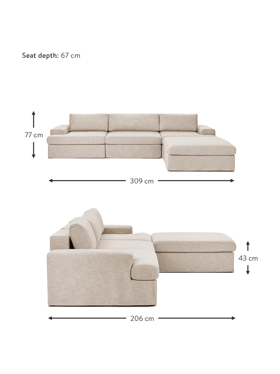 Sofa modułowa z pufem Russell (4-osobowa), Tapicerka: 100% bawełna Dzięki tkani, Stelaż: lite drewno sosnowe z cer, Nogi: tworzywo sztuczne, Beżowa tkanina, S 309 x G 206 cm