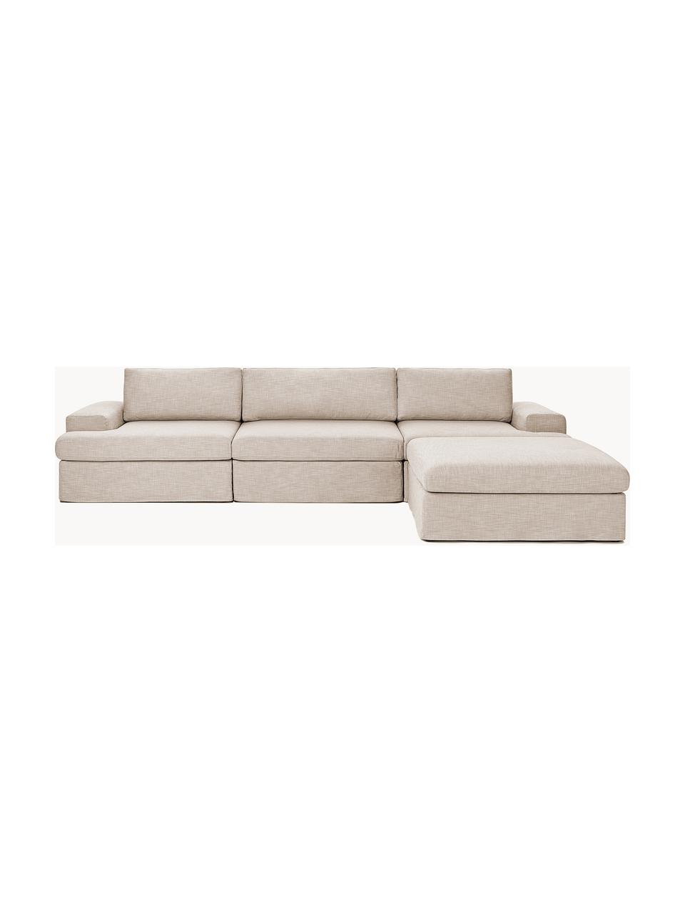 Modulares Sofa Russell (4-Sitzer) mit Hocker, mit abnehmbaren Bezügen, Bezug: 100% Baumwolle Der strapa, Gestell: Massives Kiefernholz, Spe, Füße: Kunststoff Dieses Produkt, Webstoff Beige, B 309 x T 206 cm