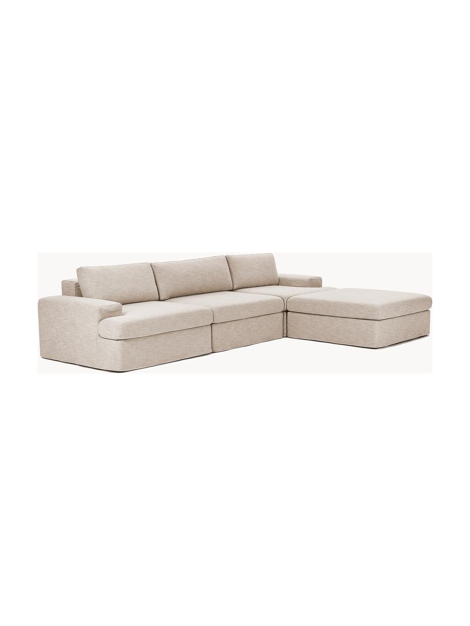 Modulares Sofa Russell (4-Sitzer) mit Hocker (links/rechts), Bezug: 100% Baumwolle Der strapa, Gestell: Massives Kiefernholz, Spe, Füße: Kunststoff Dieses Produkt, Webstoff Beige, B 309 x T 206 cm