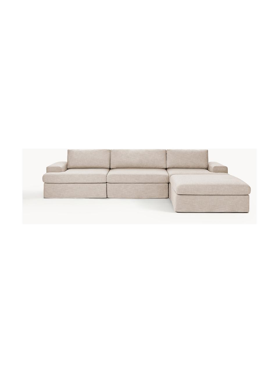 Modulares Sofa Russell (4-Sitzer) mit Hocker (links/rechts), Bezug: 100% Baumwolle Der strapa, Gestell: Massives Kiefernholz, Spe, Füße: Kunststoff Dieses Produkt, Webstoff Beige, B 309 x T 206 cm