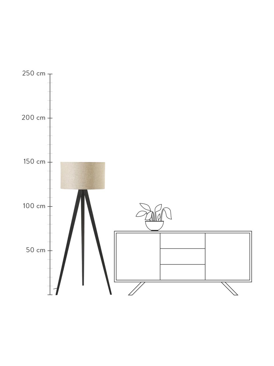 Lámpara de pie trípode de madera maciza Jake, estilo escandinavo, Pantalla: lino, Cable: plástico, Crema, negro, Ø 60 x Al 150 cm