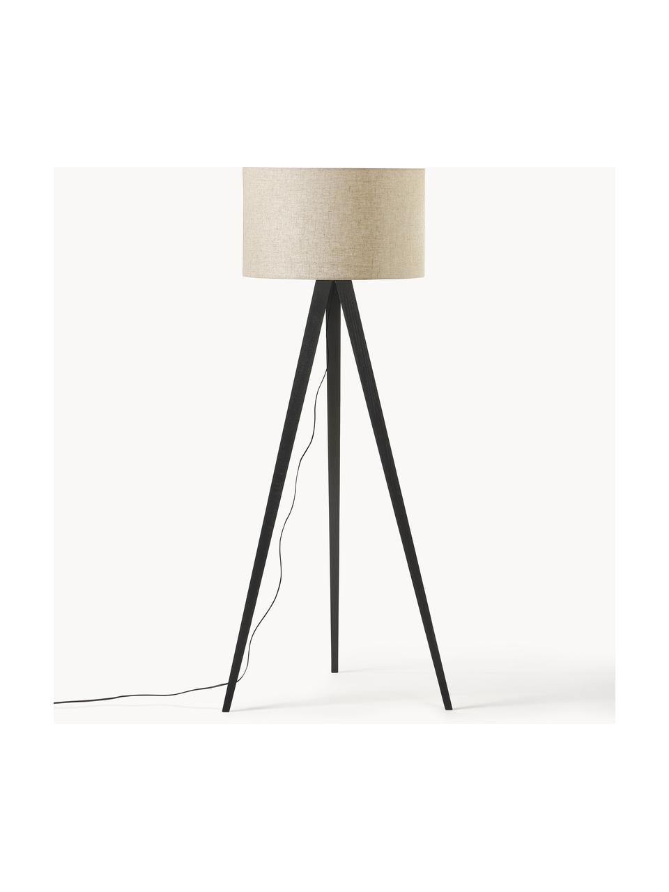 Tripod Stehlampe Jake aus Massivholz, Lampenschirm: Leinen, Lampenfuß: Eschenholz, Beige, Schwarz, H 150 cm