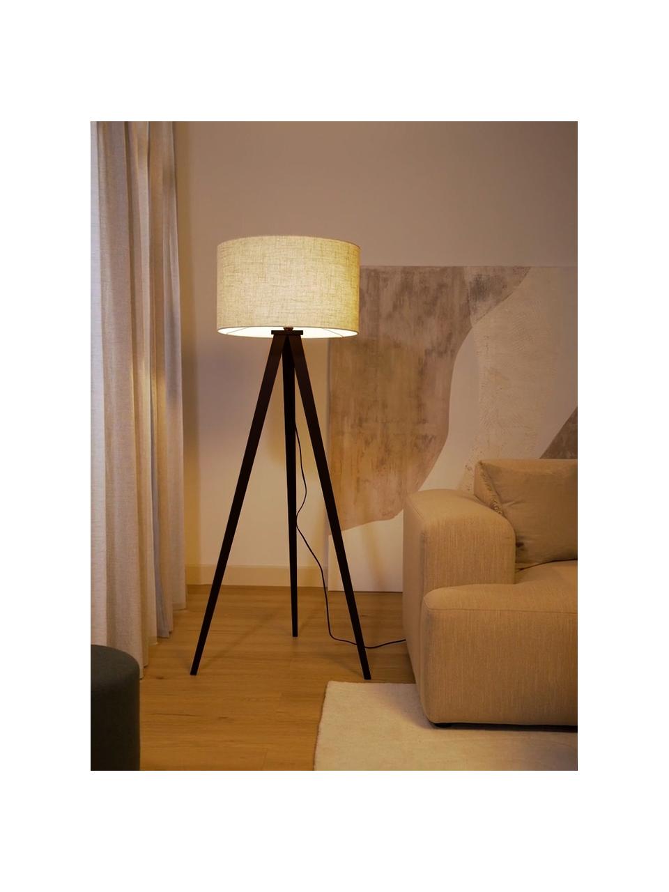 Lampada treppiede da terra scandi in legno massiccio Jake, Paralume: lino, Gambe: legno di frassino certifi, Beige, nero, Alt. 150 cm