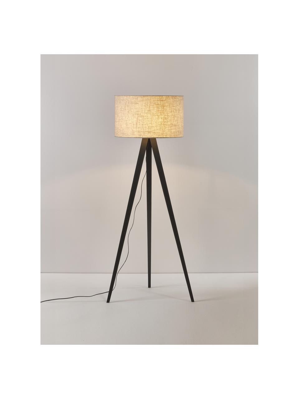 Lámpara de pie trípode de madera maciza Jake, Pantalla: lino, Cable: plástico, Beige, negro, Al 150 cm