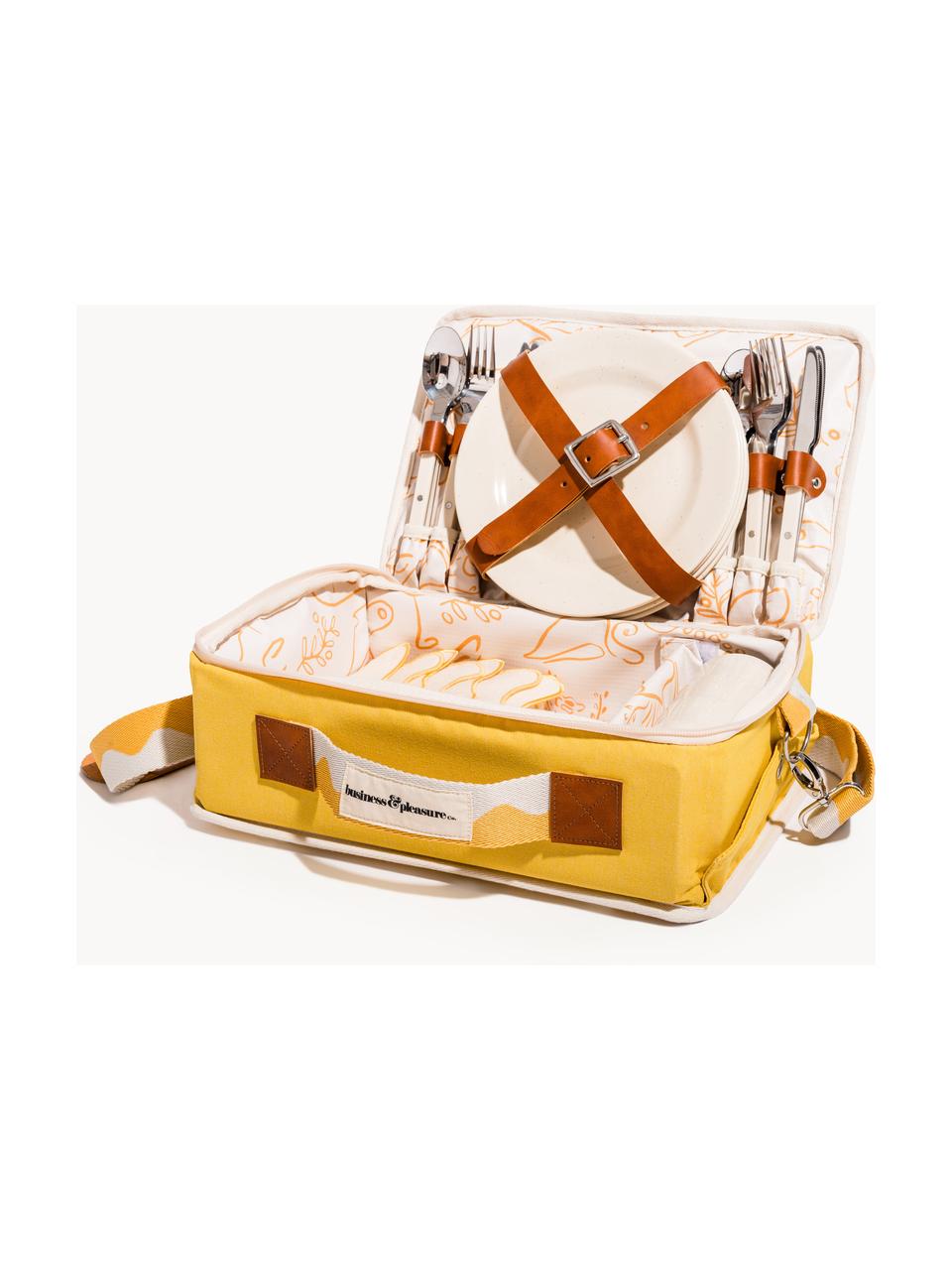 Picknick-Set Retro, Tasche: 50 % Baumwolle, 25 % Poly, Sonnengelb, Weiss, Braun, B 36 x H 13 cm