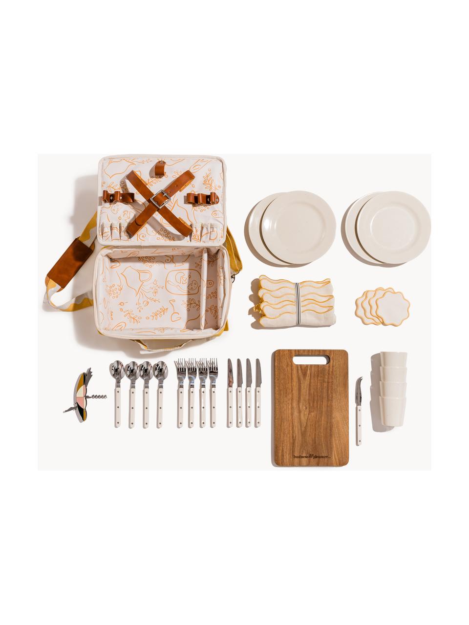 Picknick-Set Retro, Tasche: 50 % Baumwolle, 25 % Poly, Sonnengelb, Weiss, Braun, B 36 x H 13 cm