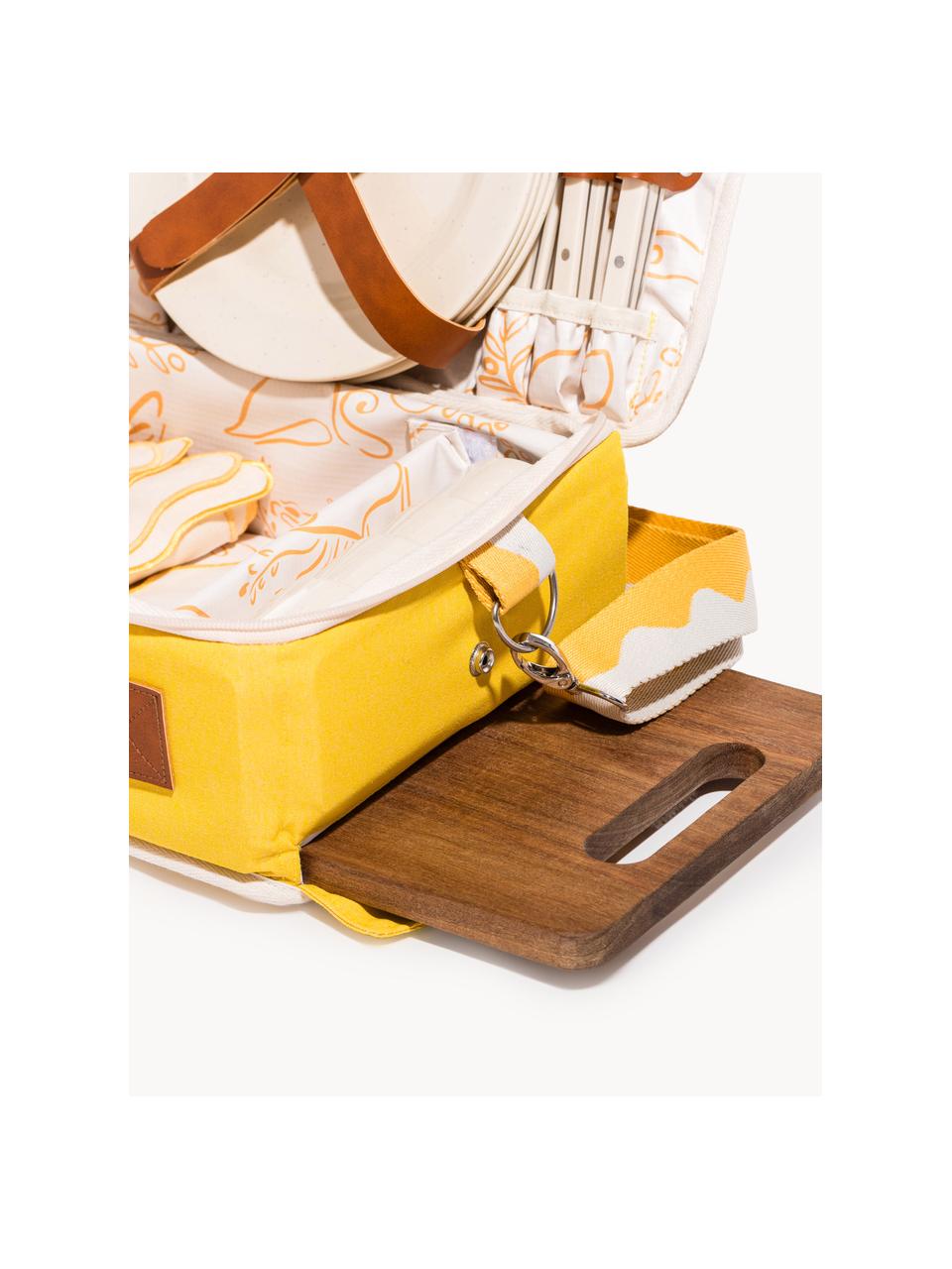 Picknick-Set Retro, Tasche: 50 % Baumwolle, 25 % Poly, Sonnengelb, Weiß, Braun, B 36 x H 13 cm