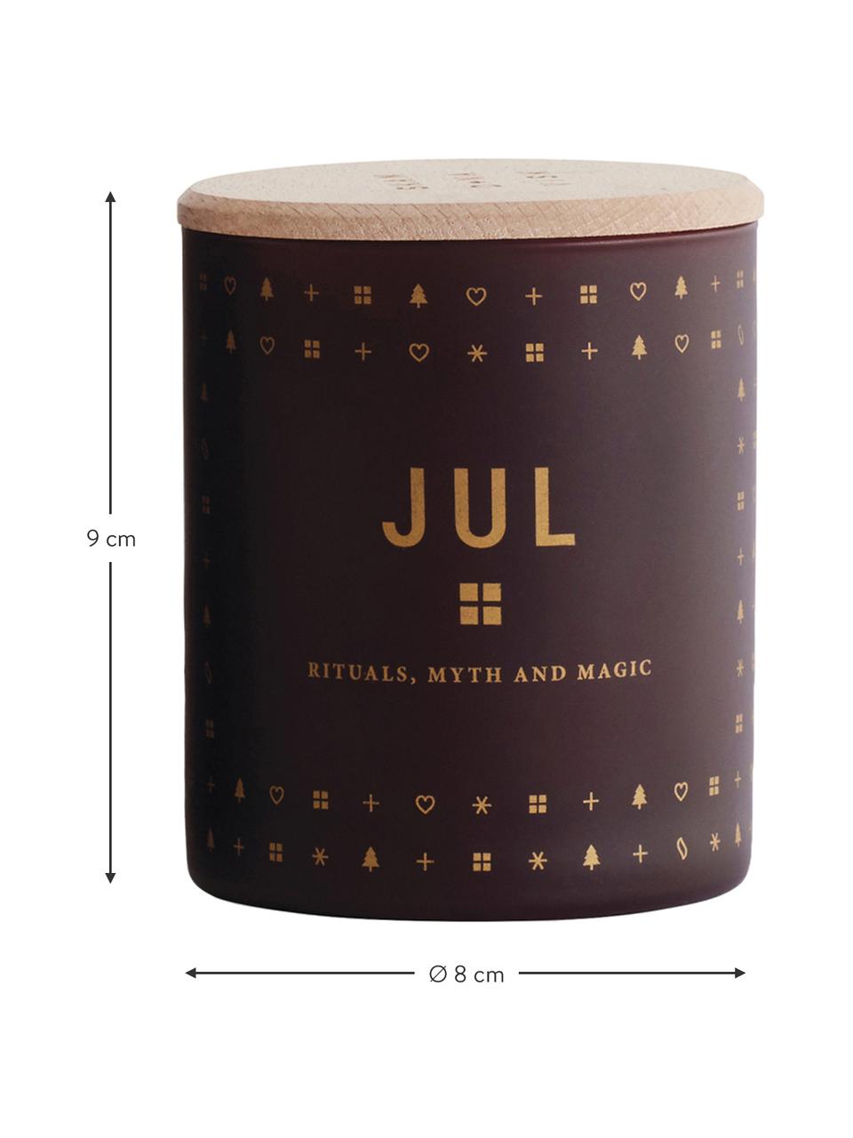 Duftkerze Jul (Lebkuchen, Honig, Nelken), Behälter: Glas, Deckel: Buchenholz, Burgunderrot, Goldfarben, Helles Holz, Ø 8 x H 9 cm
