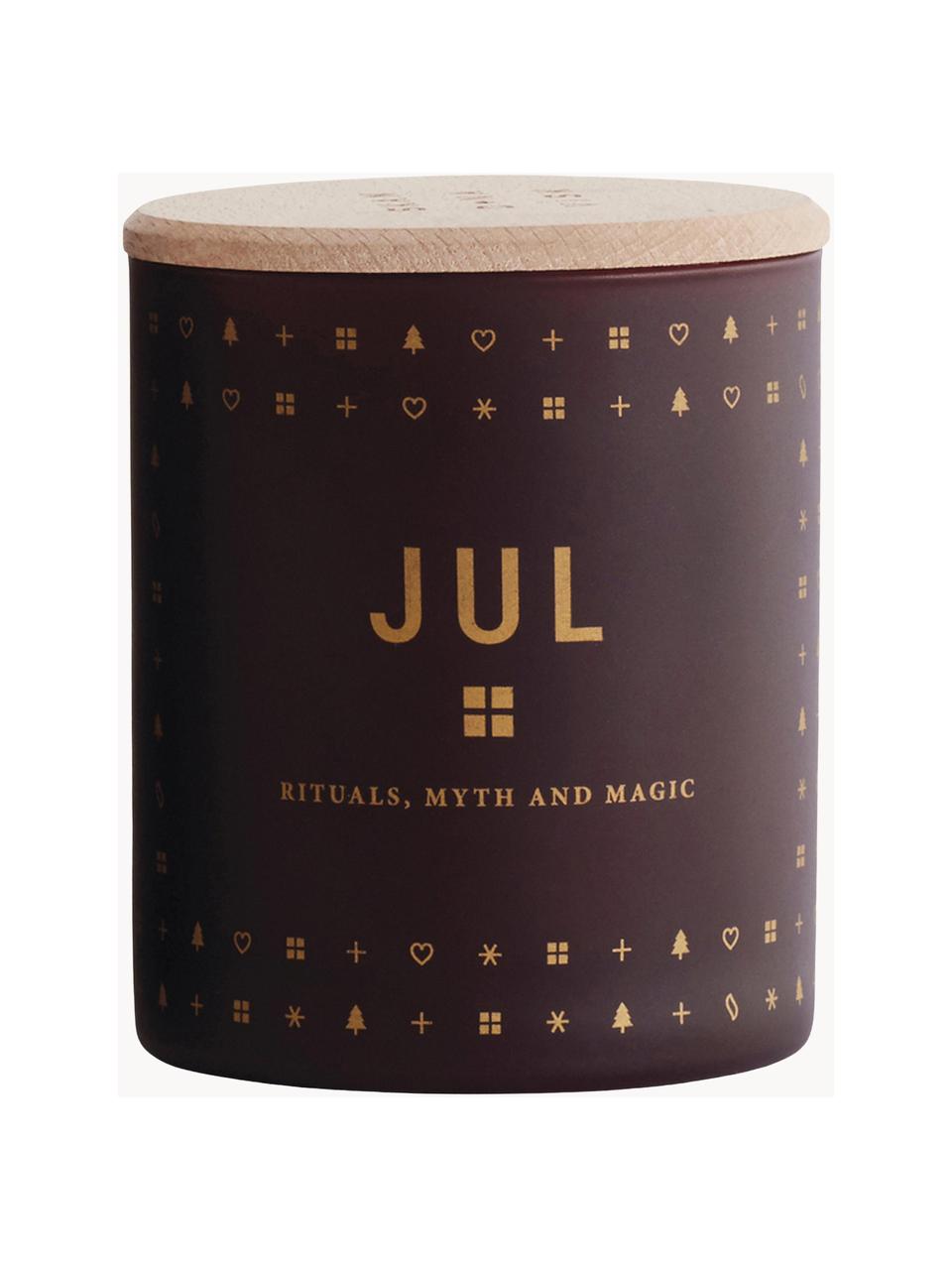 Vela perfumada Jul (pan de jengibre, miel y clavos), Recipiente: vidrio, Borgoña, dorado, madera clara, Ø 4 x Al 6 cm
