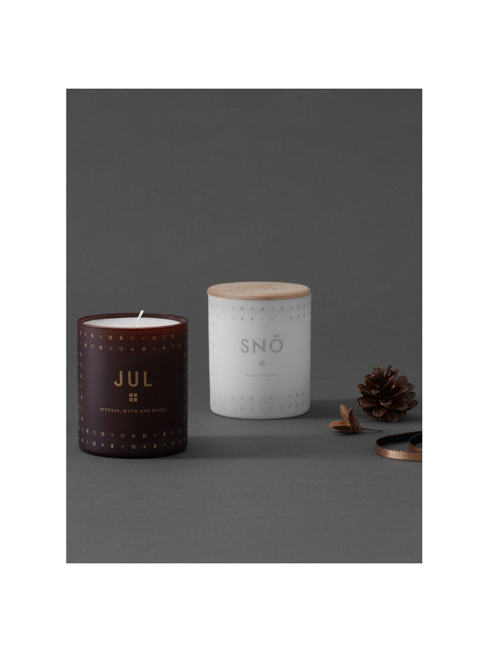 Vela perfumada Jul (pan de jengibre, miel y clavos), Recipiente: vidrio, Borgoña, dorado, madera clara, Ø 4 x Al 6 cm