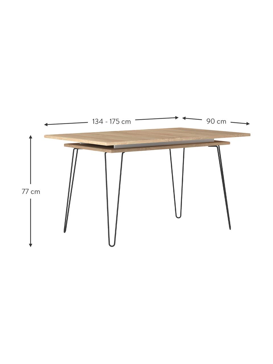 Tavolo allungabile Aero, 134-175x90 cm, Gambe: metallo verniciato, Legno di quercia, Larg. 134 a 174 x Prof. 90 cm