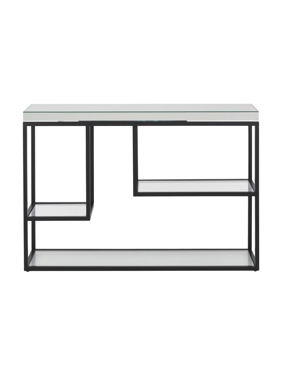 Consola Pippard, con tablero de vidrio, Estructura: metal pintado, Estante: espejo de cristal, Negro, transparente, An 120 x Al 82 cm