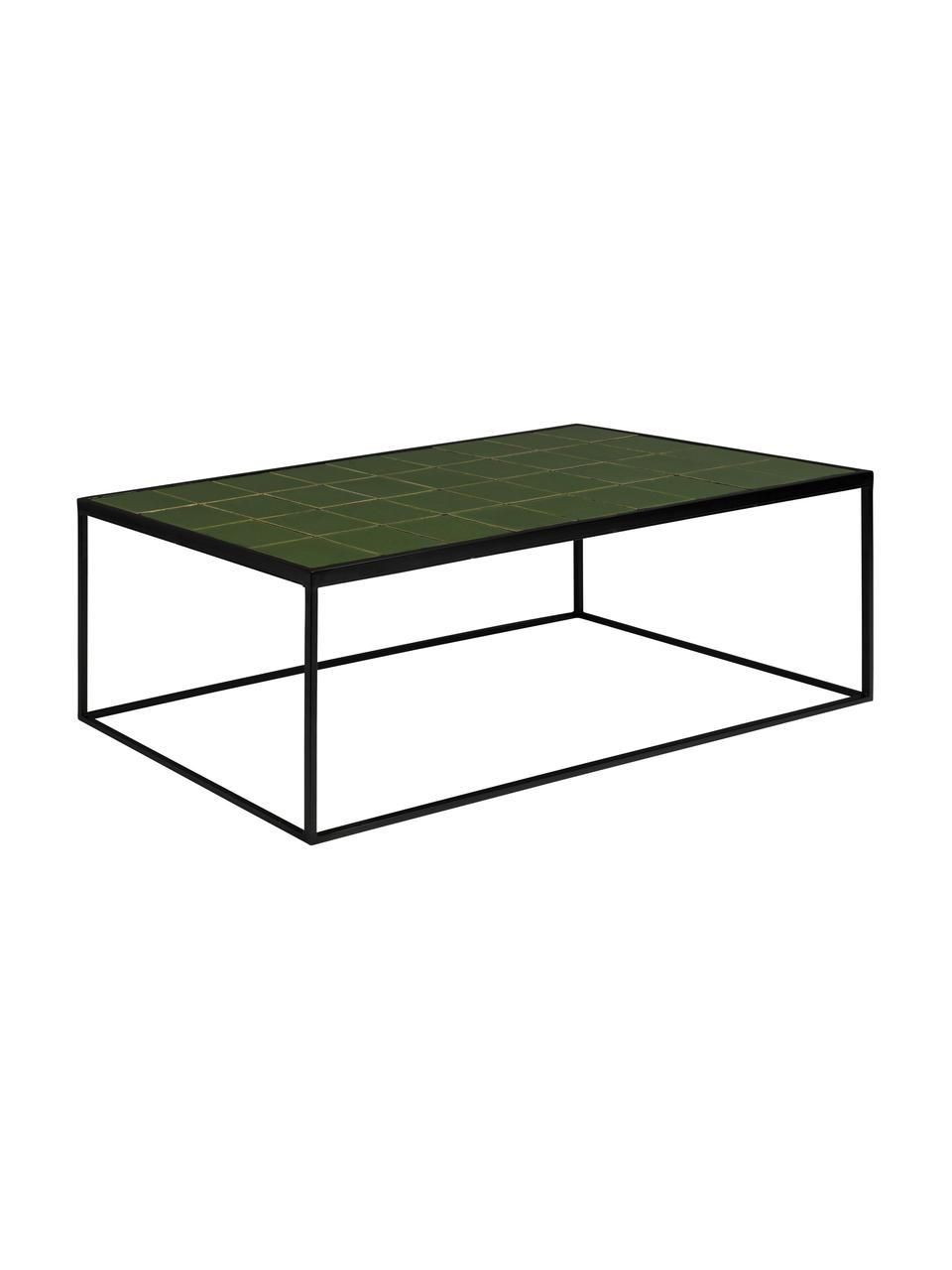 Glazuur groen betegelde salontafel, Tafelblad: MDF, keramiek, Frame: gepoedercoat metaal, Groen, zwart, B 93 x H 36 cm