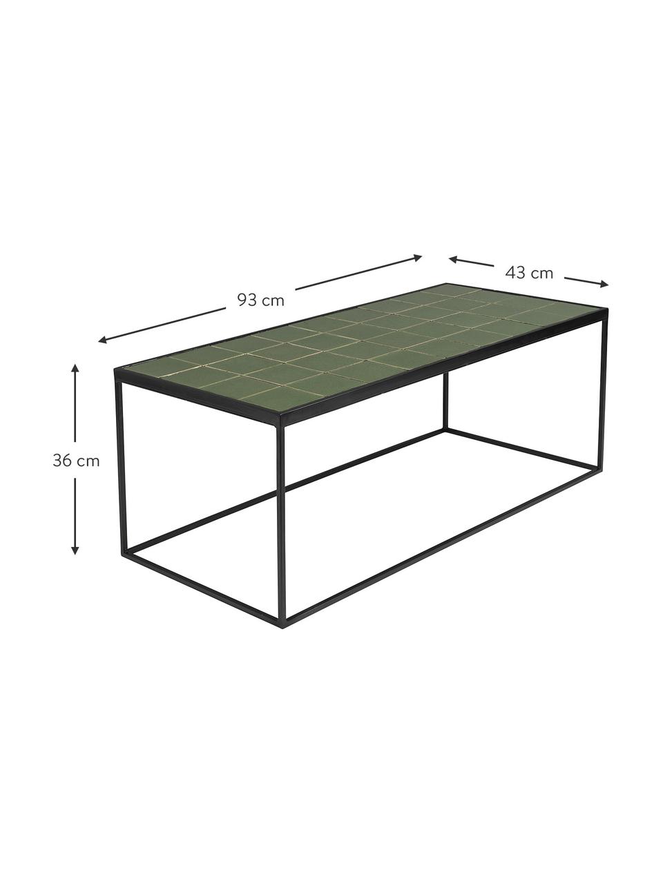 Glazuur groen betegelde salontafel, Tafelblad: MDF, keramiek, Frame: gepoedercoat metaal, Groen, zwart, B 93 x H 36 cm