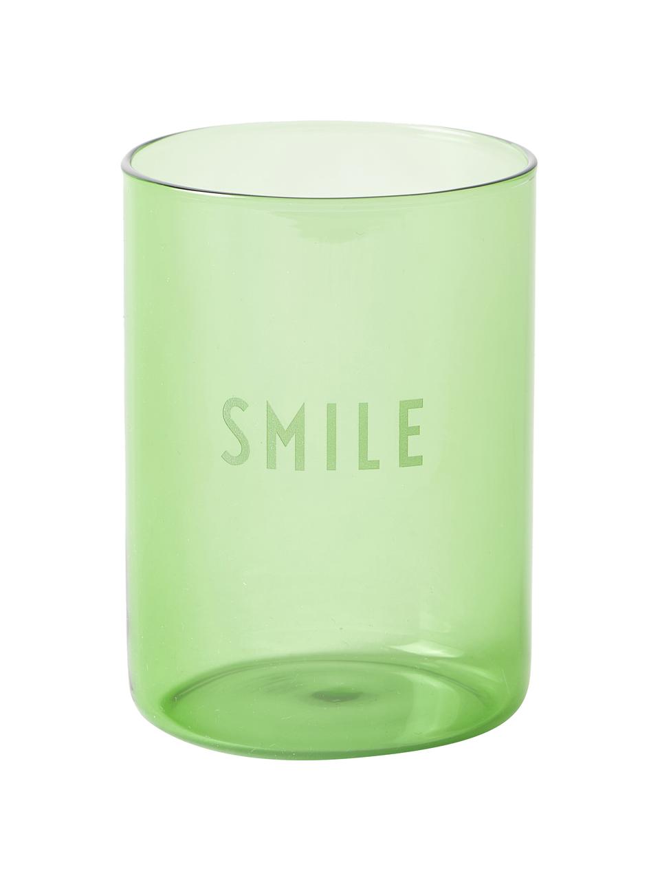 Designer Wasserglas Favourite SMILE in Grün mit Schriftzug, Borosilikatglas, Grün, transparent, Ø 8 x H 11 cm, 350 ml