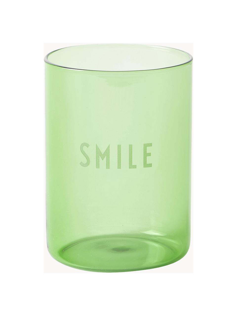 Bicchiere di design con scritta Favorite SMILE, Vetro borosilicato, Verde (Smile), Ø 8 x Alt. 11 cm, 350 ml