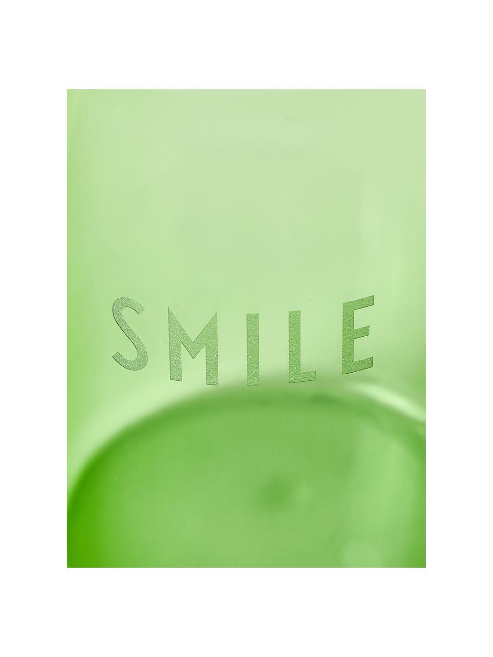 Designer Wasserglas Favourite SMILE mit Schriftzug, Borosilikatglas, Hellgrün (Smile), Ø 8 x H 11 cm, 350 ml