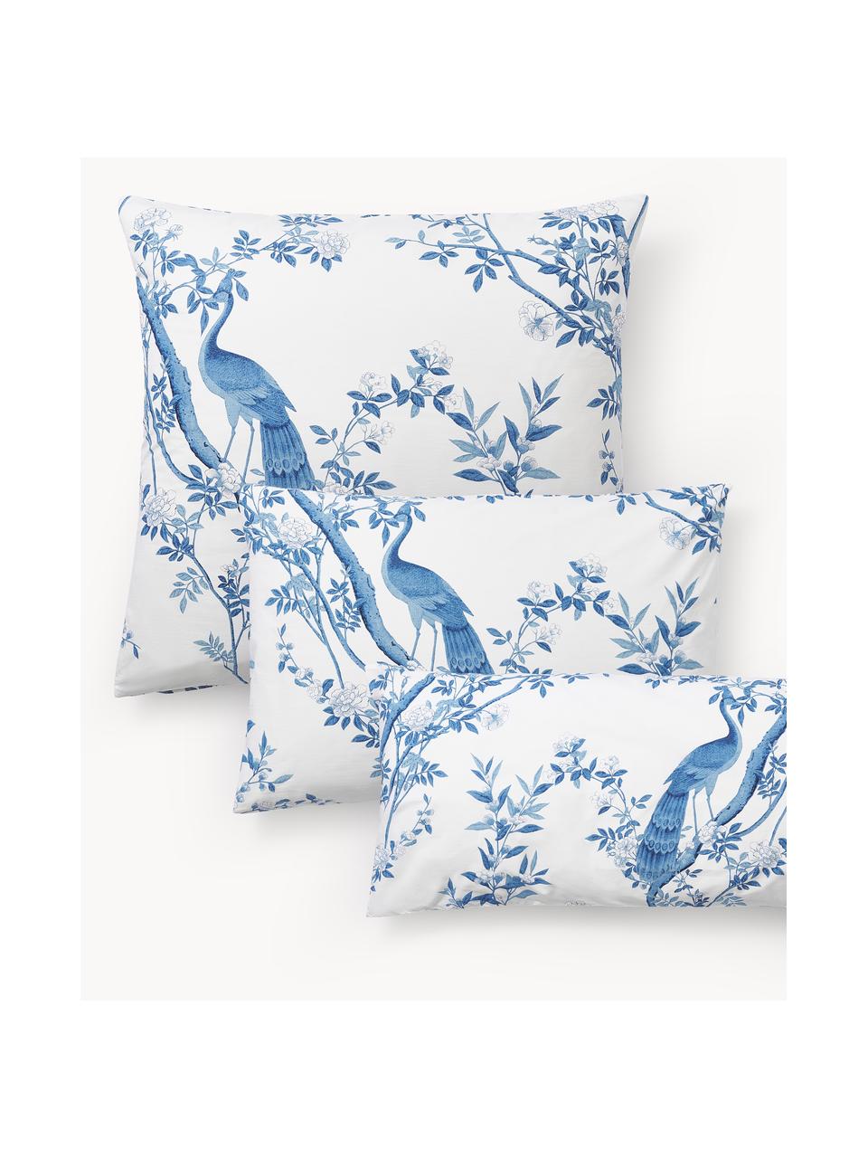 Taie d'oreiller en percale de coton avec dessin floral Annabelle, Blanc, bleu, larg. 50 x long. 70 cm