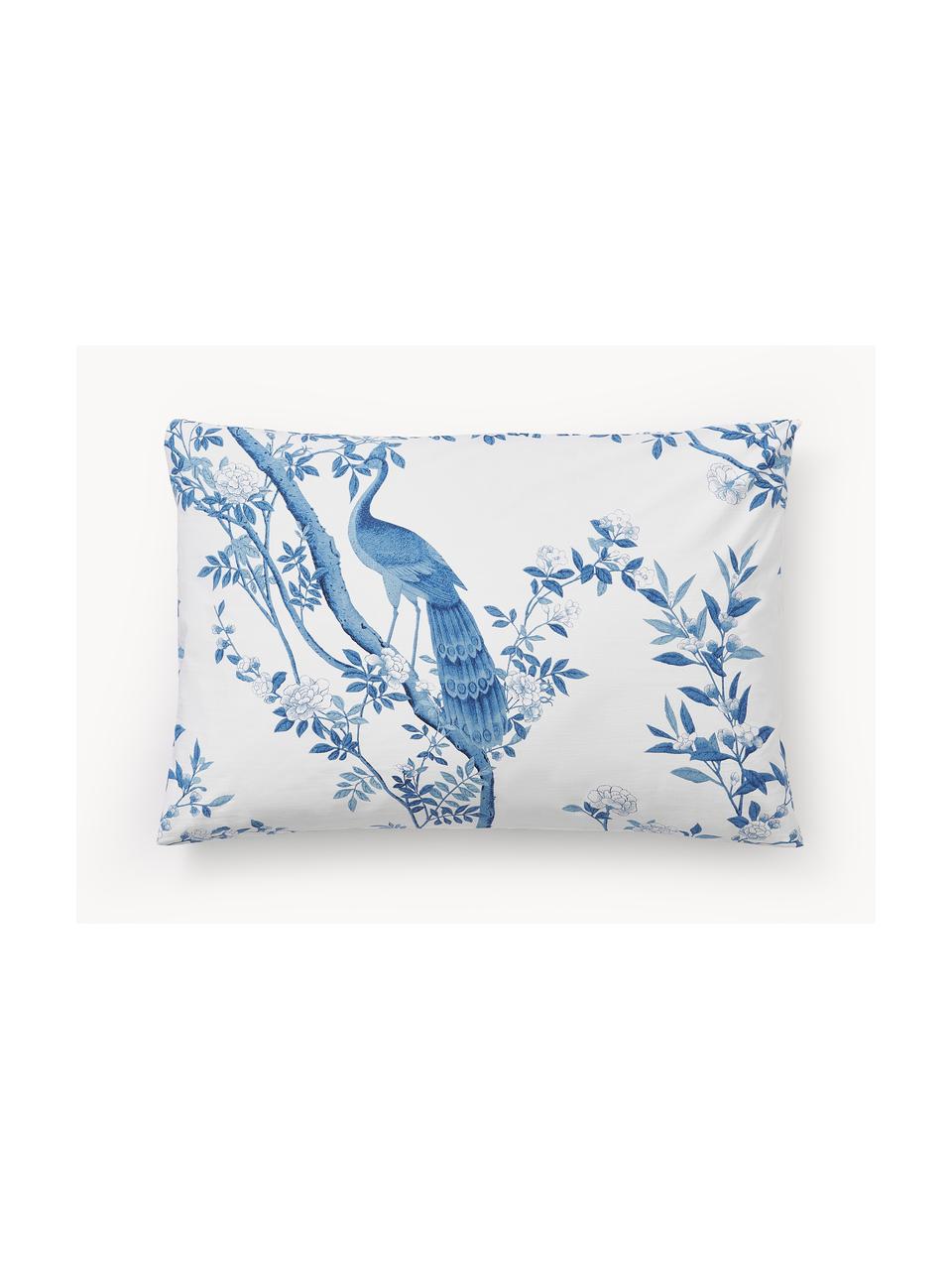 Taie d'oreiller en percale de coton avec dessin floral Annabelle, Blanc, bleu, larg. 50 x long. 70 cm