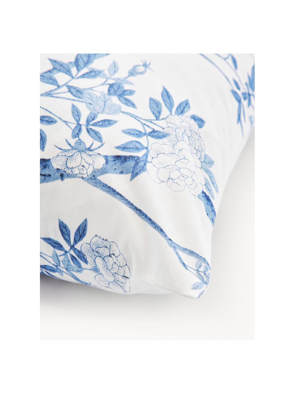 Taie d'oreiller en percale de coton avec dessin floral Annabelle, Blanc, bleu, larg. 50 x long. 70 cm