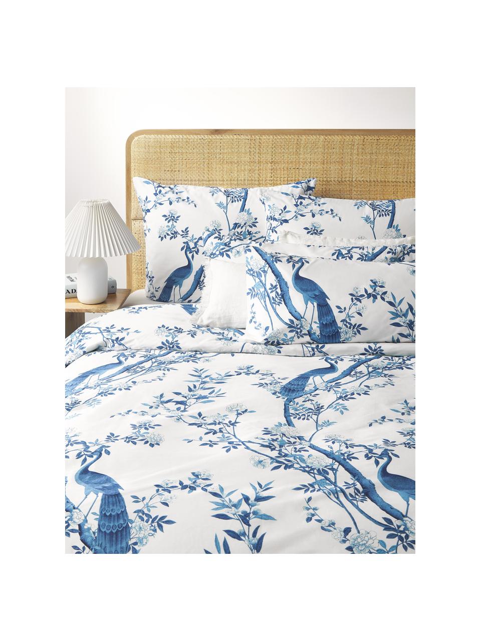 Taie d'oreiller en percale de coton avec dessin floral Annabelle, Blanc, bleu, larg. 50 x long. 70 cm