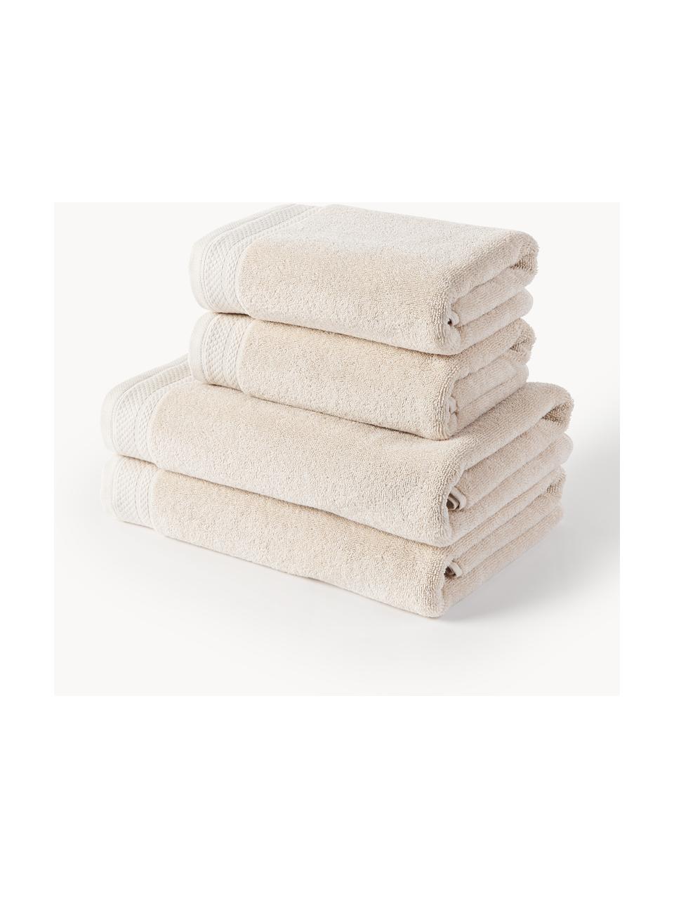 Lot de serviettes de bain en coton bio Premium, tailles variées, Beige clair, 3 éléments (1 serviette invité, 1 serviette de toilette et 1 drap de bain)