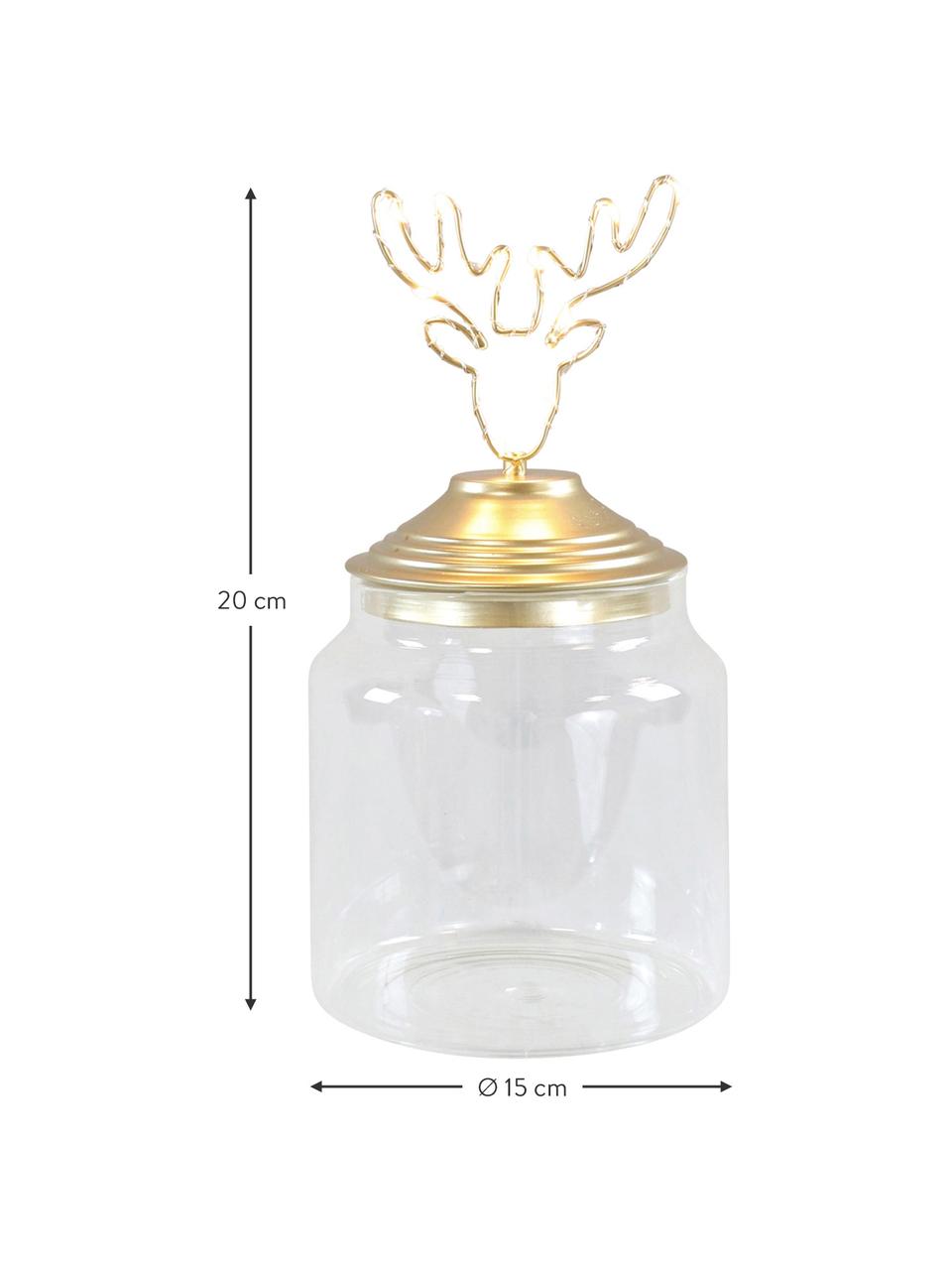 LED Aufbewahrungsdose Deer, Dose: Glas, Deckel: Metall, beschichtet, Transparent, Goldfarben, Ø 15 x H 20 cm