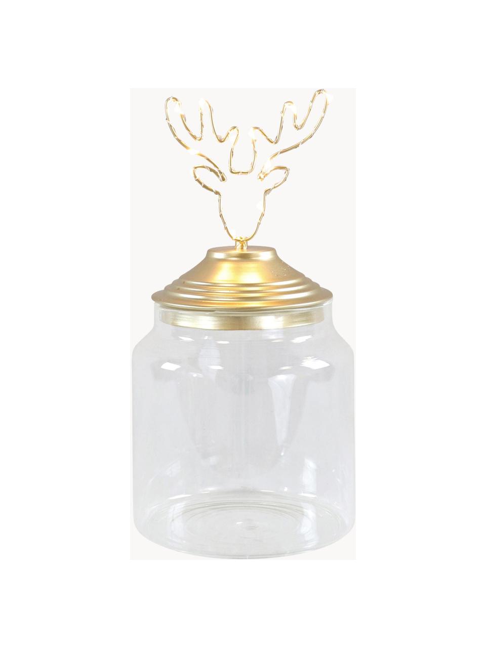 LED Aufbewahrungsdose Deer, Dose: Glas, Deckel: Metall, beschichtet, Transparent, Goldfarben, Ø 15 x H 20 cm