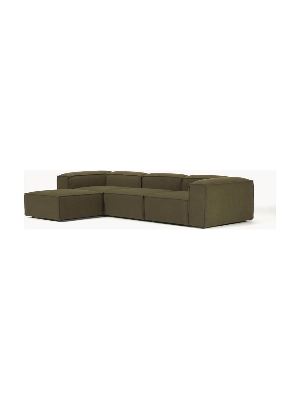 Canapé modulable 4 places en tissu bouclé avec pouf Lennon, Bouclé vert olive, larg. 327 x prof. 207 cm