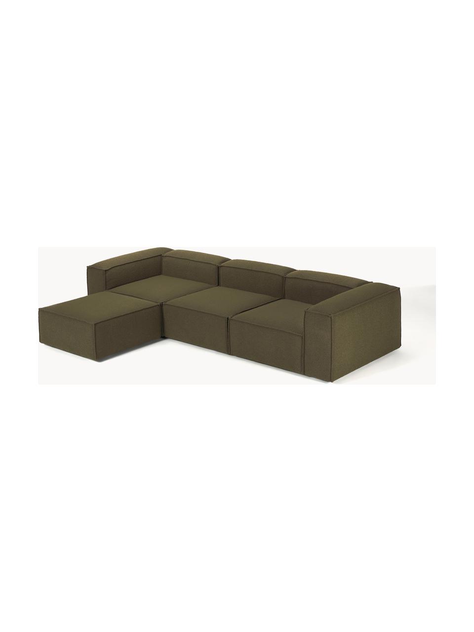 Canapé modulable 4 places en tissu bouclé avec pouf Lennon, Bouclé vert olive, larg. 327 x prof. 207 cm
