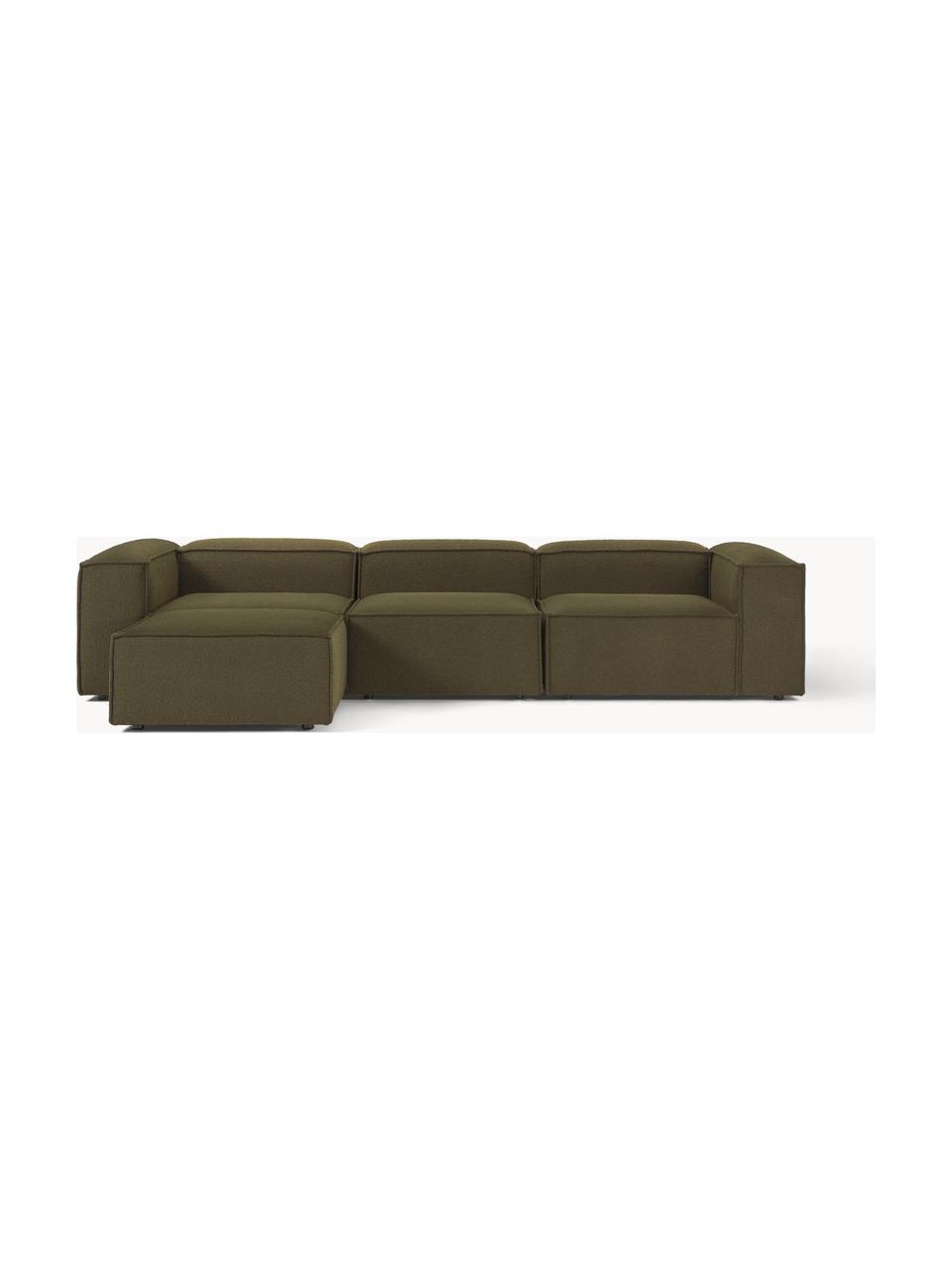 Modulares Sofa Lennon (4-Sitzer) aus Bouclé mit Hocker (links/rechts), Bezug: Bouclé (100 % Polyester) , Gestell: Massives Kiefernholz, Spe, Füße: Kunststoff Dieses Produkt, Bouclé Olivgrün, B 329 x T 207 cm