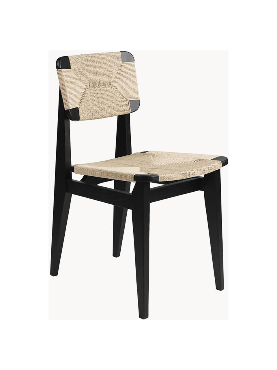 Krzesło z drewna dębowego z plecionym siedziskiem C-Chair, Stelaż: drewno dębowe lakierowane, Drewno dębowe czarny lakierowany, jasny beżowy, S 41 x G 53 cm