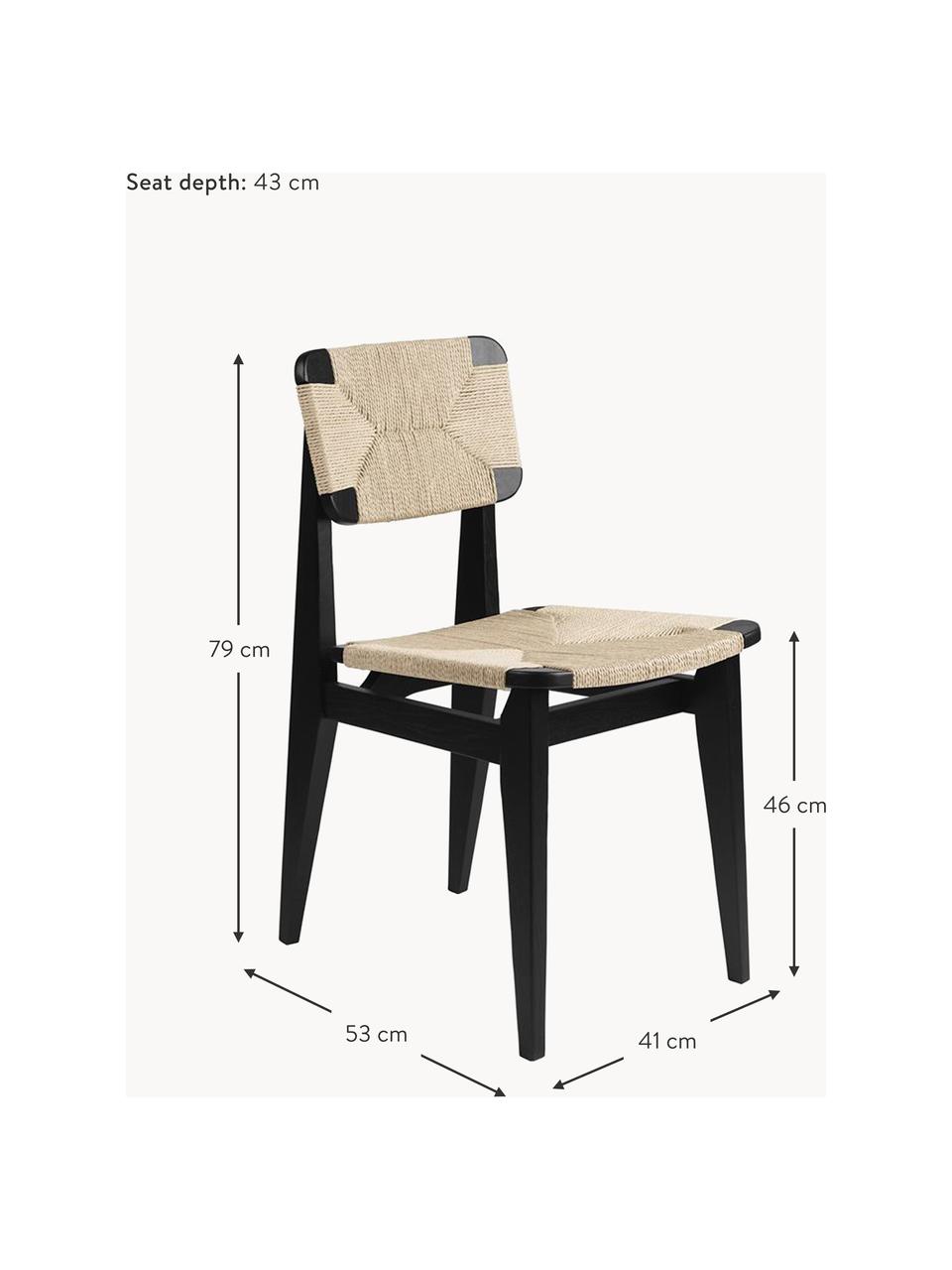 Houten stoel C-Chair van eikenhout met gevlochten zitvlak, Frame: gelakt eikenhout, Eikenhout zwart gelakt, lichtbeige, B 41 x D 53 cm