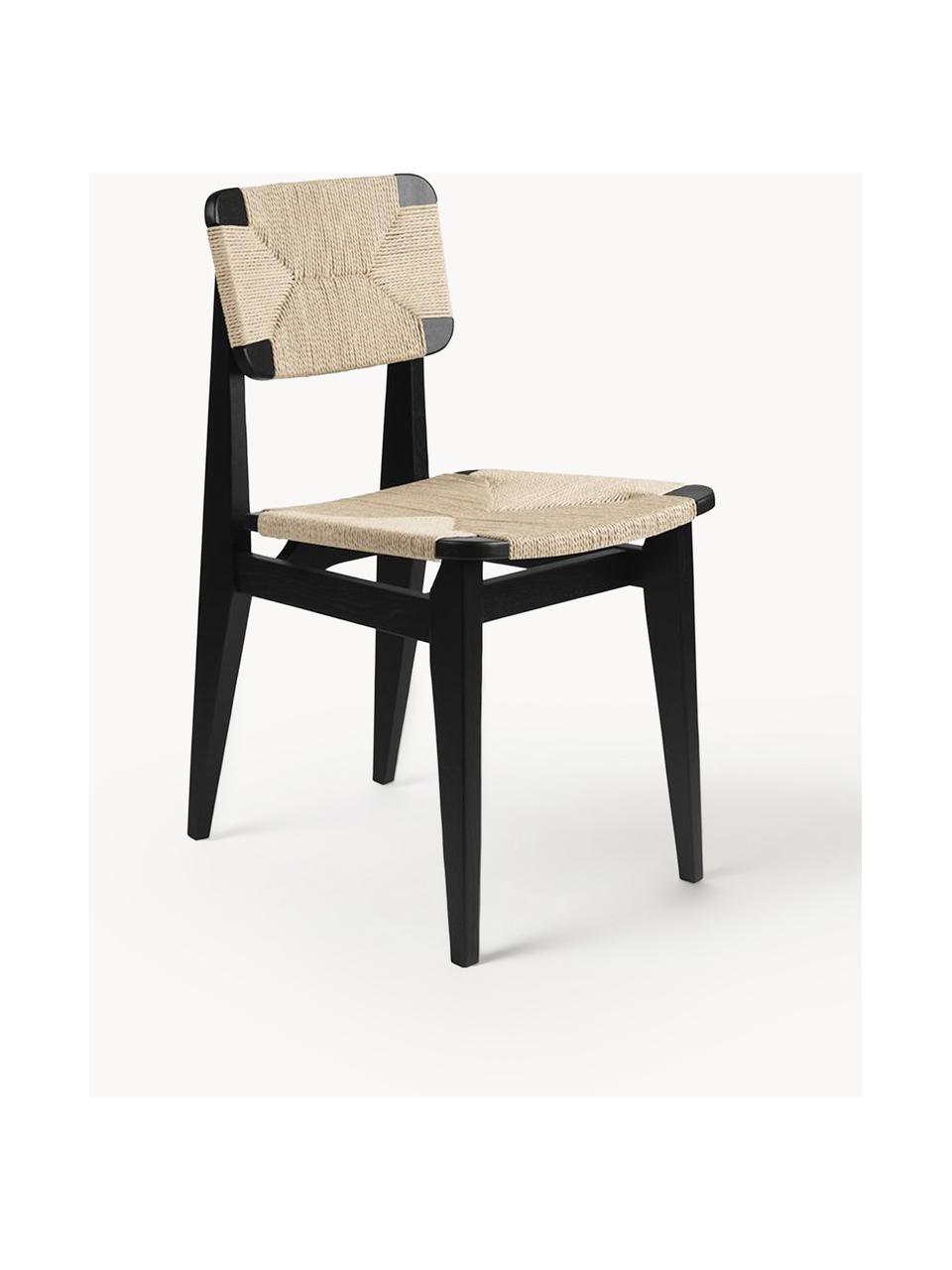 Holzstuhl C-Chair aus Eichenholz mit geflochtener Sitzfläche, Gestell: Eichenholz, lackiert, Eichenholz schwarz lackiert, Hellbeige, B 41 x T 53 cm