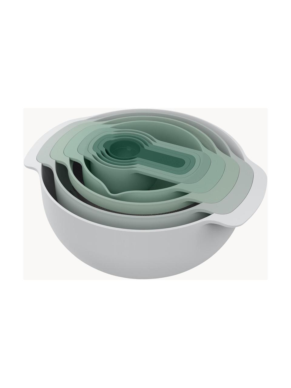 Bols et cuillères doseuses Nest Plus, 9 élém., Polypropylène, acier inoxydable, Tons verts et gris, Lot de différentes tailles