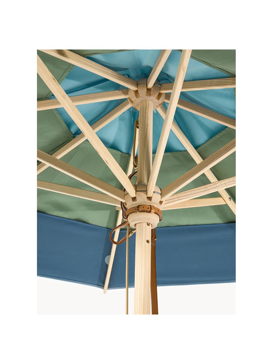 Sombrilla redonda Classic, tamaños diferentes, Estructura: madera de fresno, lacada, Tonos azules, verde, madera clara, Ø 210 x Al 251 cm