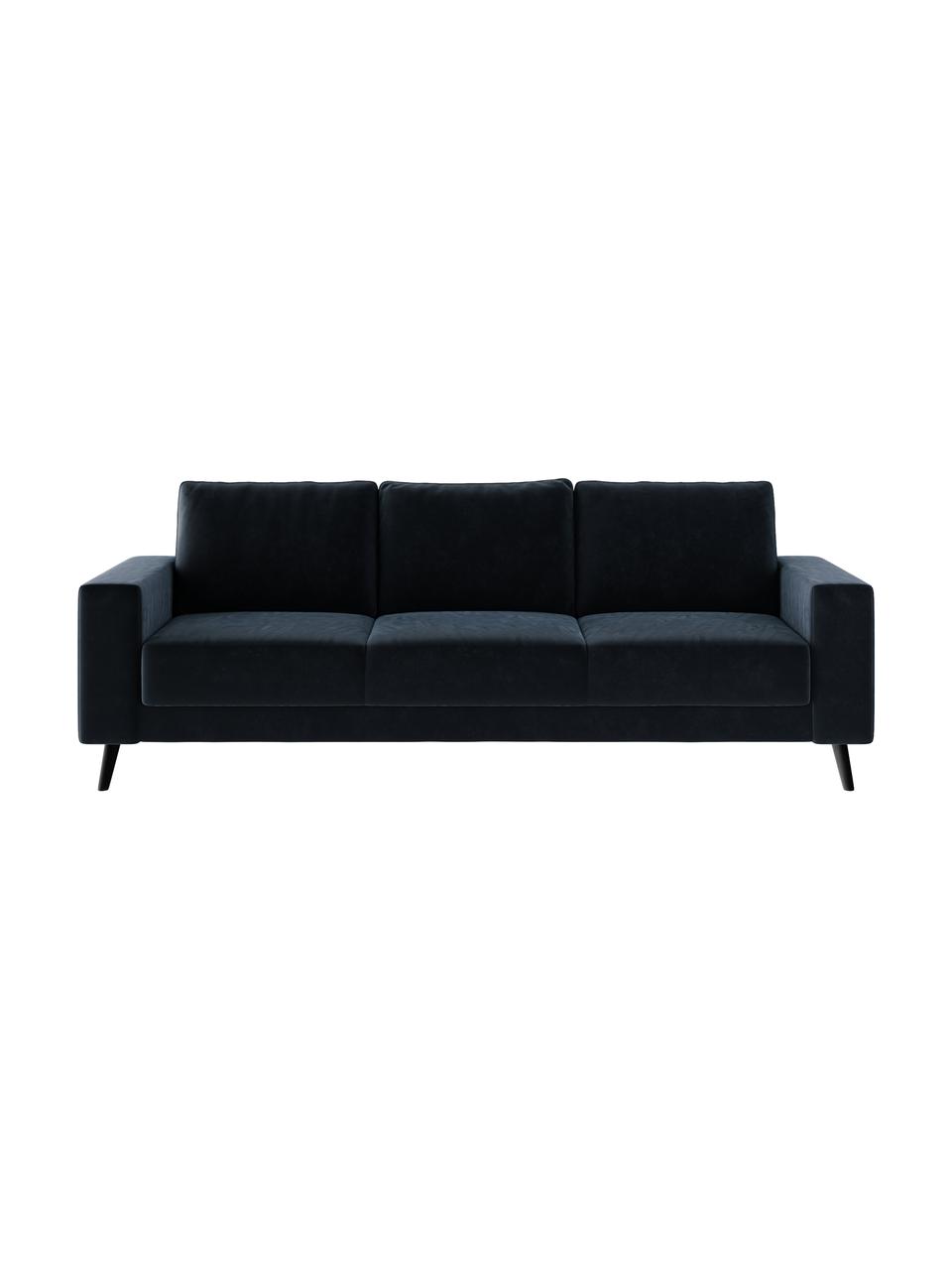 Sofa Fynn (3-osobowa), Tapicerka: 100% poliester z uczuciem, Stelaż: drewno liściaste, drewno , Nogi: drewno lakierowane Dzięki, Ciemny niebieski, S 233 x G 86 cm