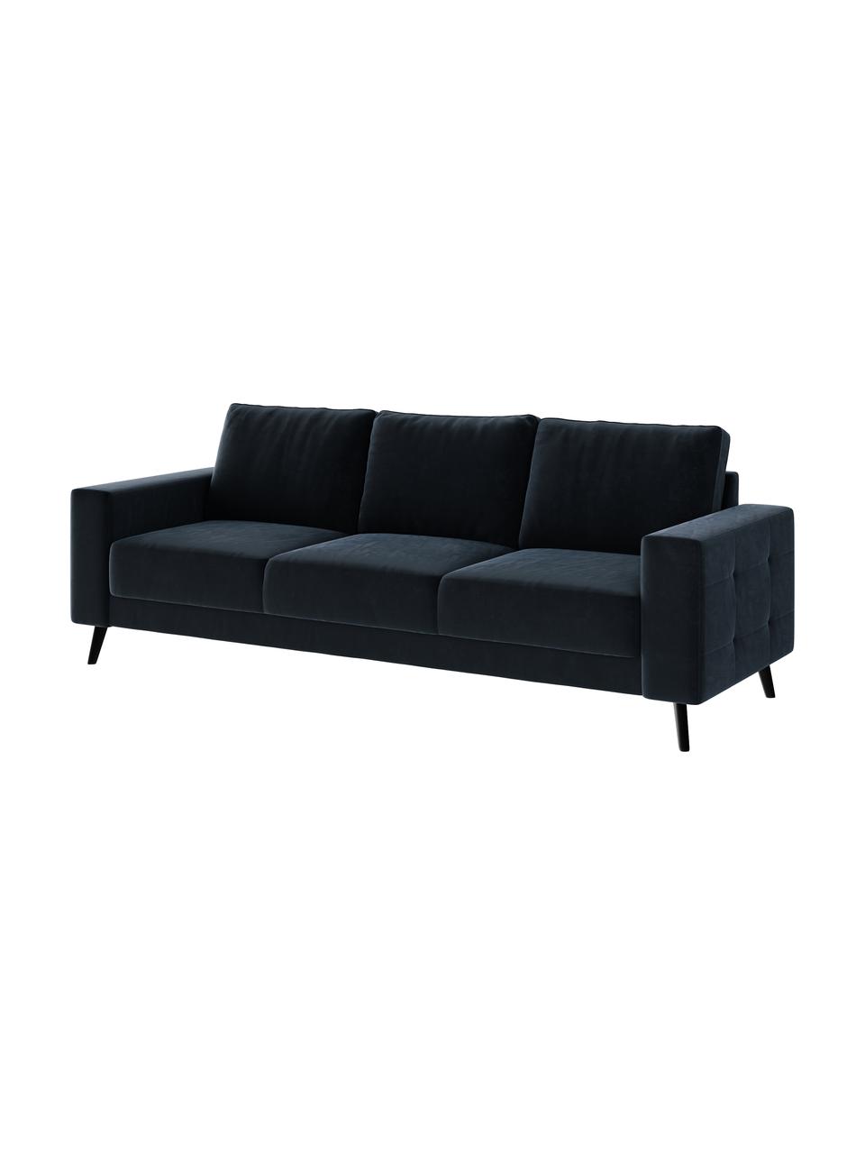 Sofa Fynn (3-osobowa), Tapicerka: 100% poliester z uczuciem, Stelaż: drewno liściaste, drewno , Nogi: drewno lakierowane Dzięki, Ciemny niebieski, S 233 x G 86 cm