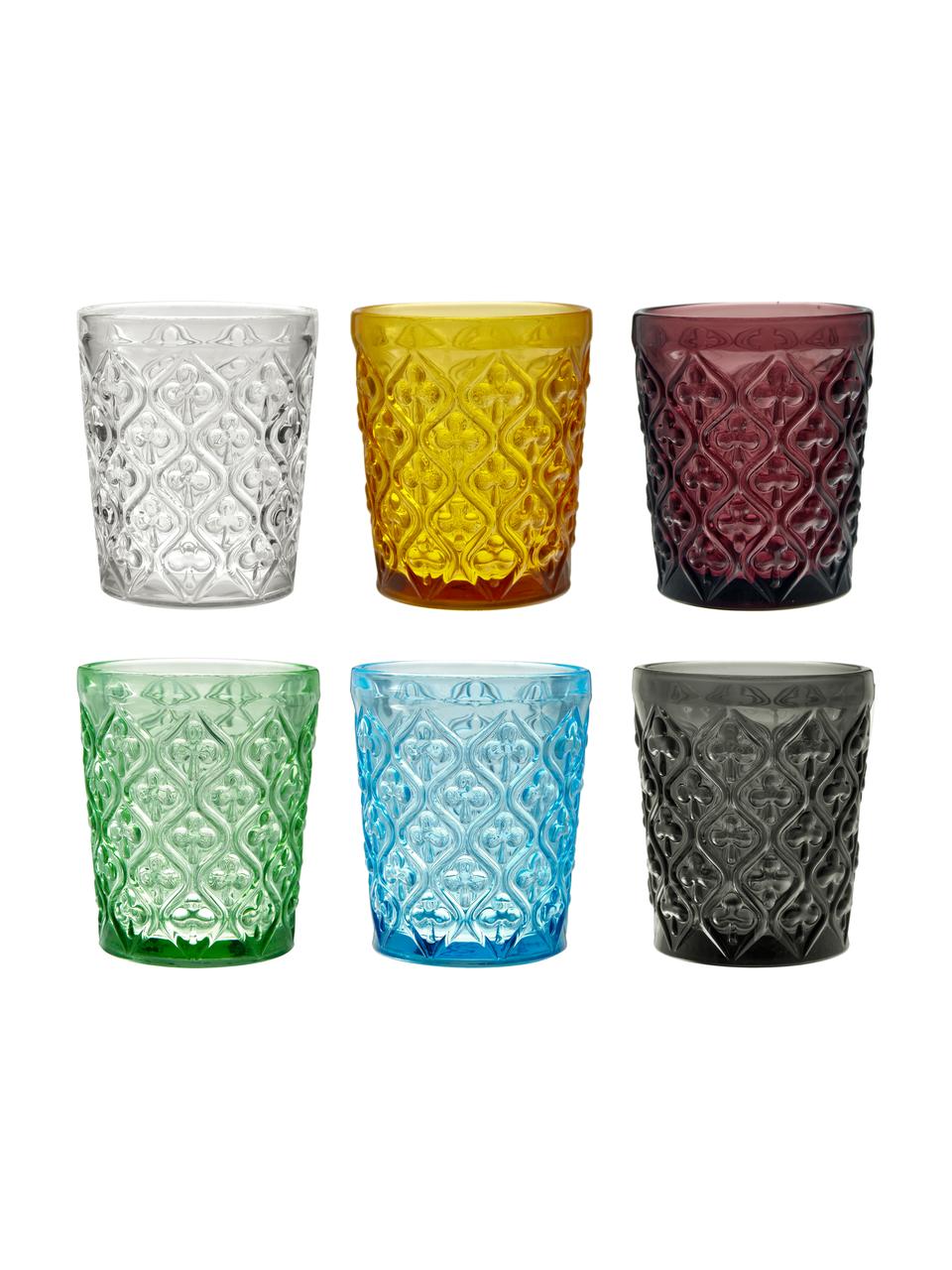 Vasos de colores con relive Marrakech, 6 uds., Vidrio, Azul, lila, gris, verde, amarillo, transparente, Ø 8 x Al 10 cm, 240 ml