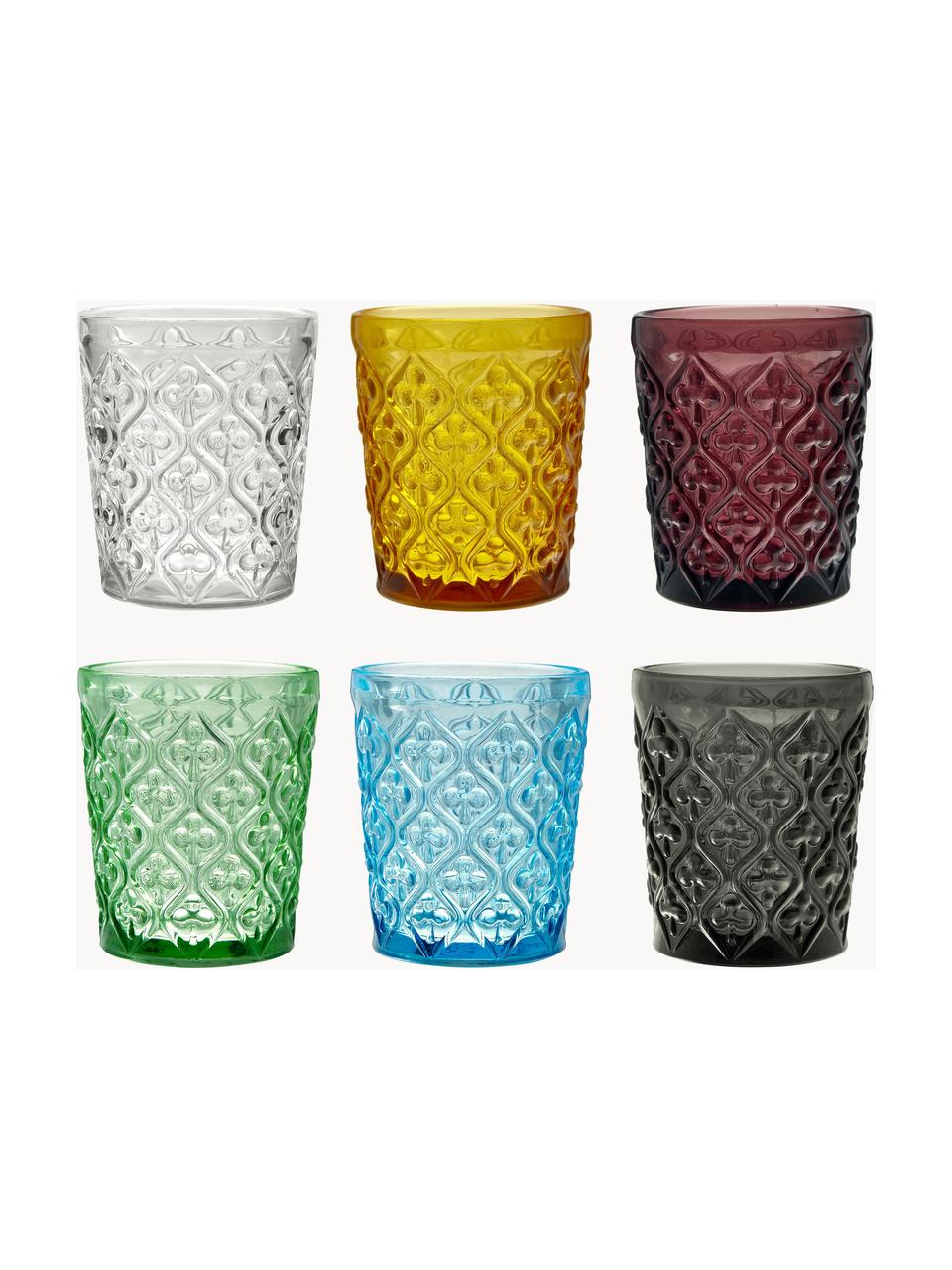 Vasos de colores con relive Marrakech, 6 uds., Vidrio, Multicolor, Ø 8 x Al 10 cm, 240 ml