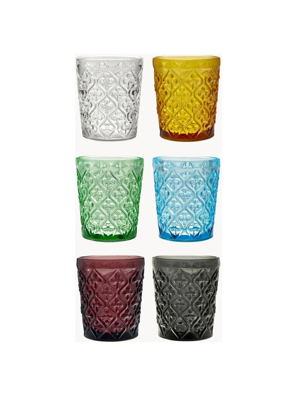 Vasos de colores con relive Marrakech, 6 uds., Vidrio, Multicolor transparente, Ø 8 x Al 10 cm, 240 ml