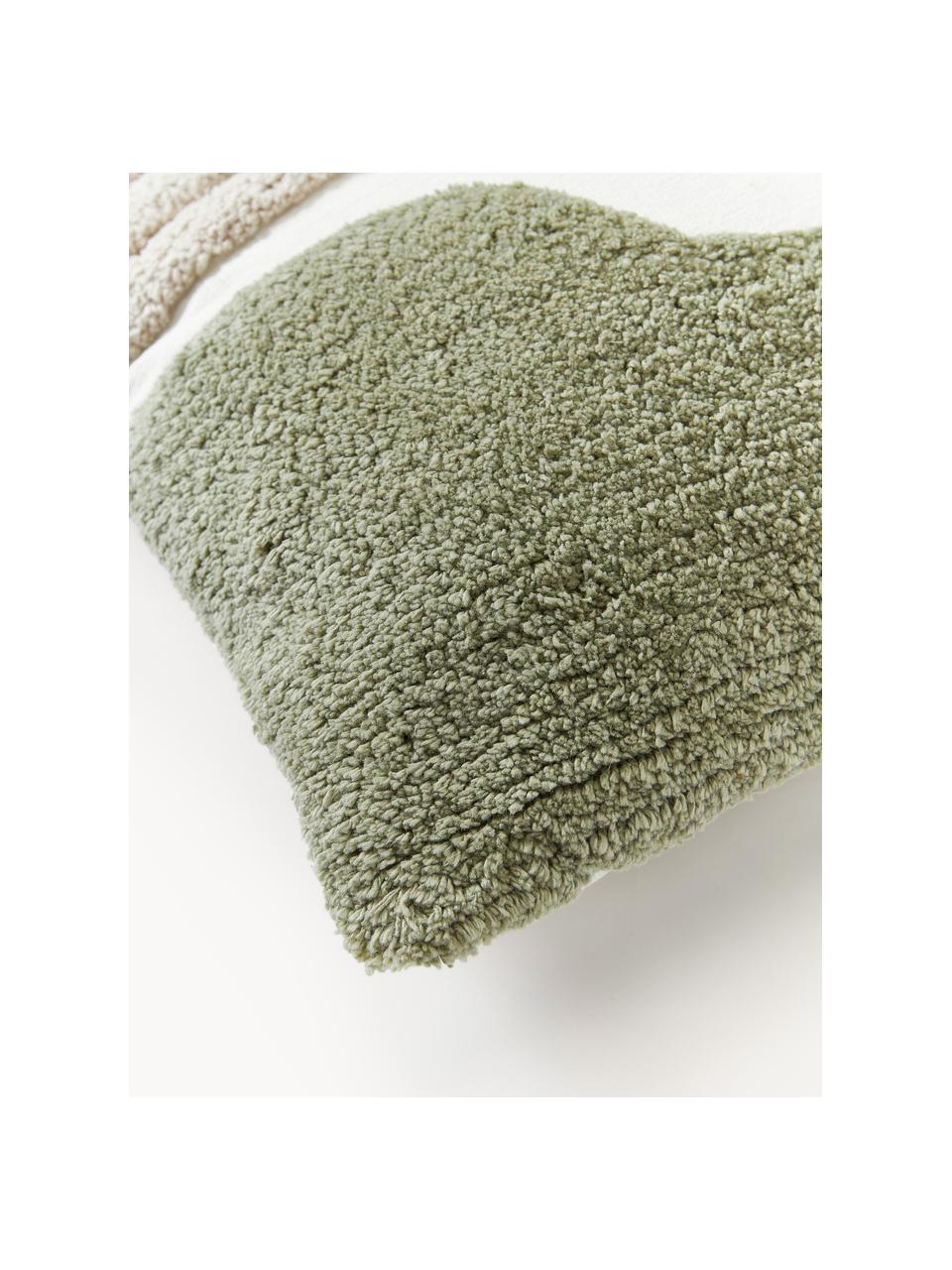 Housse de coussin 45x45 décorative Coraline, 100 % coton, Vert clair, vert olive, blanc crème, larg. 45 x long. 45 cm