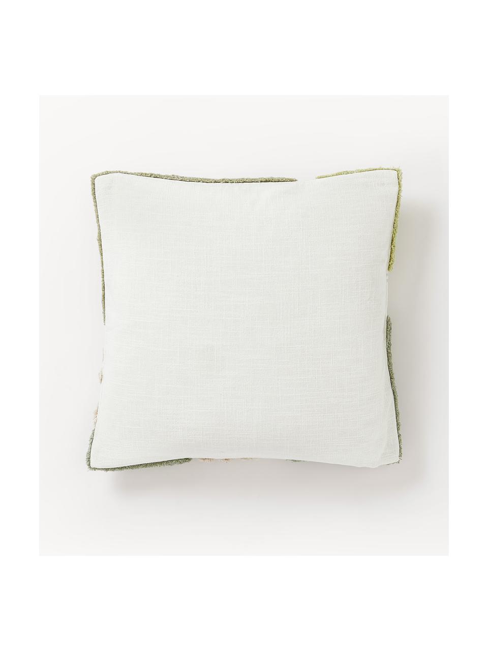 Copricuscino con decoro Coraline, 100% cotone, Verde chiaro, verde oliva, bianco crema, Larg. 45 x Lung. 45 cm